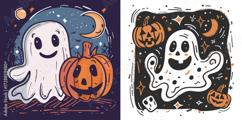 Two cheerful ghosts stand beside carved pumpkins, set against a backdrop of a starry night and a glowing moon. The scene captures the festive spirit of Halloween.