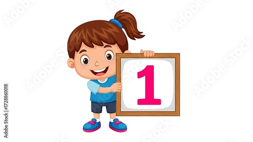 Cartoon girl holding number one sign for learning counting and early childhood education resources on transparent background