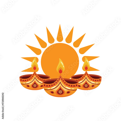 Three lit diyas in front of a rising sun lamp oil lamp