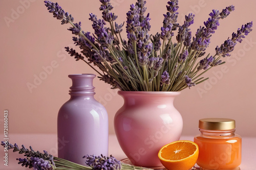 Lavender bouquet in vase with orange slice and cosmetic bottles image photo