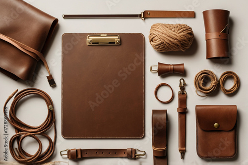 Assortment Of Brown Leather Goods And Twine Arranged On A Light Surface rope clipboard