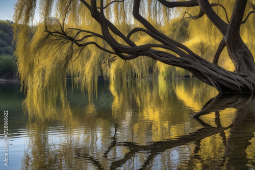 Weeping Willow Tree Branches Overhanging Calm Water with Golden Reflections lake