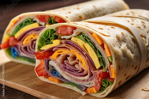 Two Large Wraps Filled with Assorted Meats, Cheese, and Vegetables sandwiches burritos