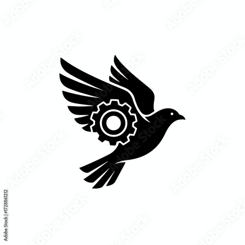 Dynamic silhouette of a dove with a gear integrated into its wing symbolizes innovation, progress, and the harmonious blend of nature and technology for forward-thinking businesses.
