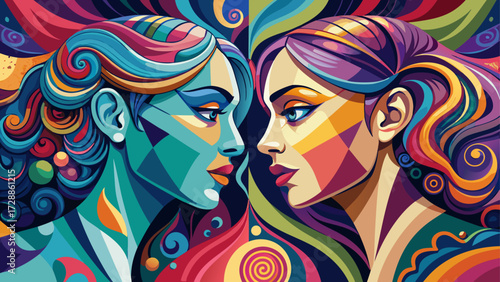 very beautiful Two women's faces, abstractly designed, touching noses, with vibrant colors and patterns