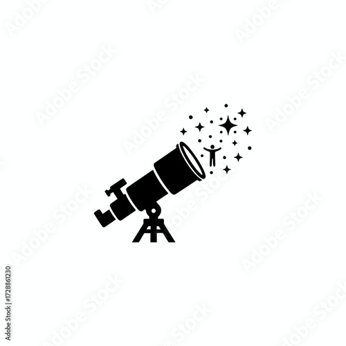 Discovering new possibilities with a telescope, a person emerges from the lens surrounded by sparkling stars, symbolizing imagination and cosmic exploration