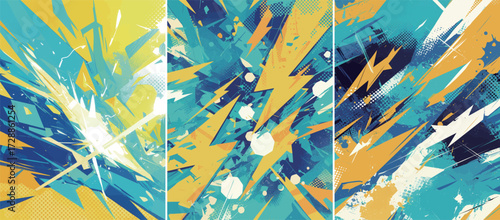 A vibrant composition showcases bold patterns of blue and yellow. The artwork features explosive shapes and splashes, creating an energetic atmosphere that stimulates creativity.