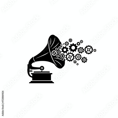 Vintage gramophone transforms into a dynamic stream of intricate gears symbolizing innovation and mechanical artistry, perfect for tech or creative projects.