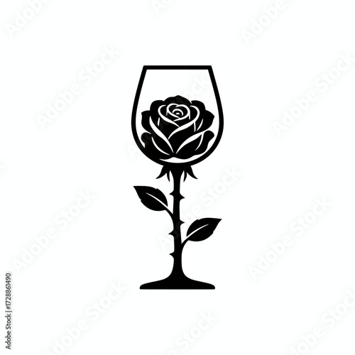 Elegant rose elegantly blooming within a wine glass, symbolizing love, passion, and sophisticated celebration for romantic occasions and premium branding
