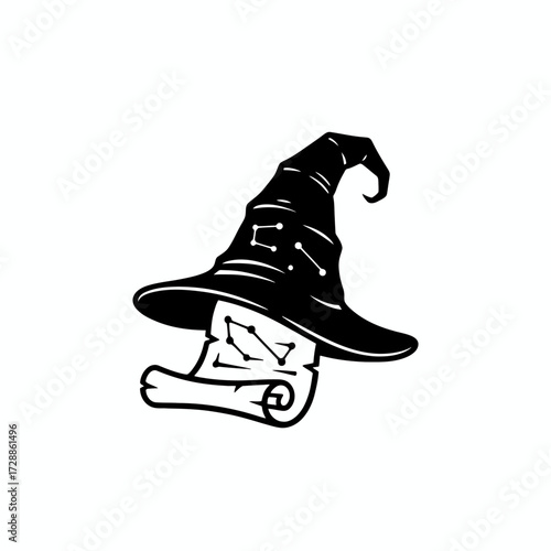 Mysterious wizard hat adorned with constellations, revealing ancient secrets on a magical scroll, perfect for fantasy projects and mystical designs.