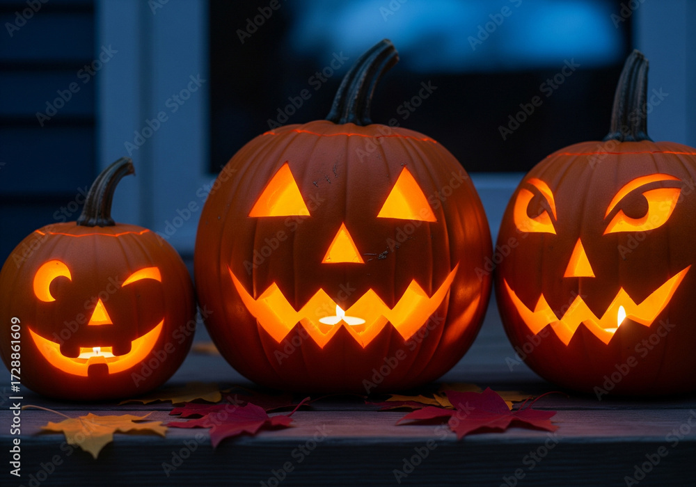 Fototapeta premium Halloween pumpkins carved with faces, candle light, realistic photography