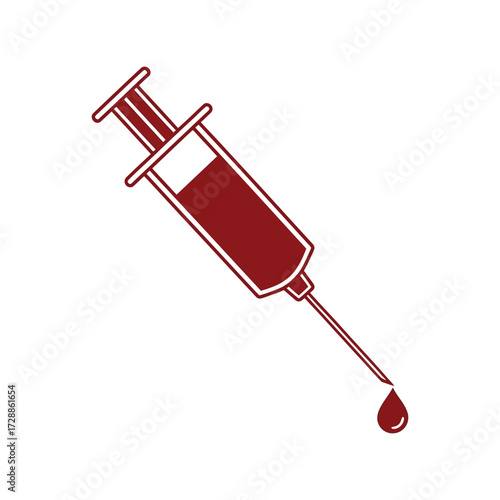 Medical syringe filled with red liquid dropping blood sample healthcare concept vector