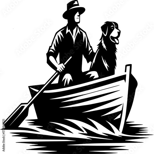 Fisherman and Dog in Rowboat: A skilled fisherman, silhouetted in a hat and shirt, rows a wooden boat with a loyal dog by his side, their journey depicted in a classic woodcut style on rippling water.