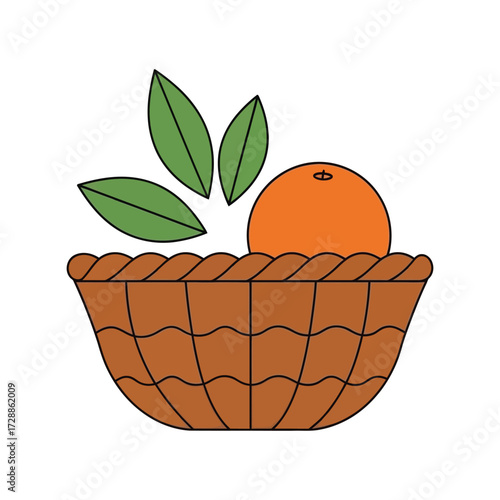 Fresh orange fruit in woven basket with green leaves healthy food vector illustration vector