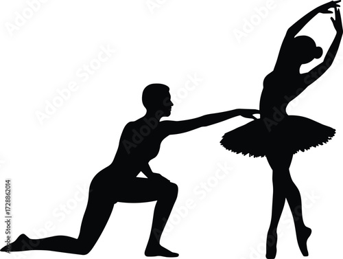  Silhouette of ballet dancers, elegant male and female performing classical dance, artistic pose, stage performance, dance couple, ballet art illustration, vector design