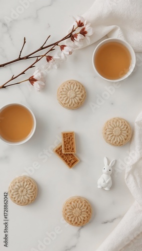 A delicate, pastel tone Mid Autumn Festival flat lay with mooncake, a cup of amber tea and vibrant pink flower and floral accents on a light marble background.