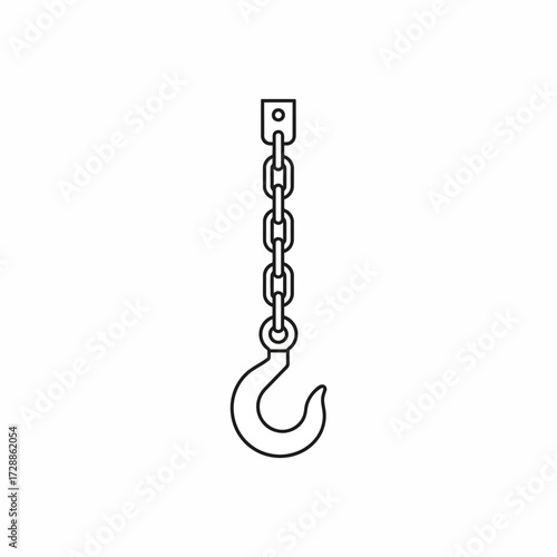 Strong industrial lifting hook and heavy duty chain ready for secure hoisting and heavy load transport in construction or manufacturing settings
