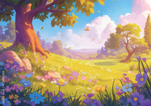 Bright colors fill the scene of a lush meadow during spring. Flowering plants in various hues sway gently under a clear blue sky filled with soft clouds.
