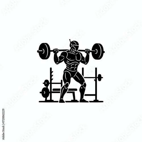 Powerful cyborg athlete performing intense barbell squat with determination, showcasing futuristic fitness and strength in a modern gym setting, inspiring peak physical achievement.