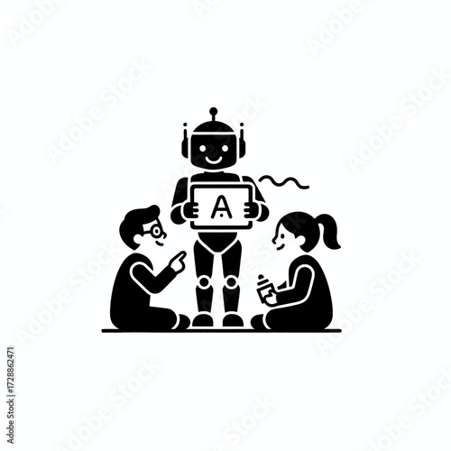 Engaging robot teaching children alphabet 'A' sparks curiosity and future learning, symbolizing innovative education and technological advancement in early development