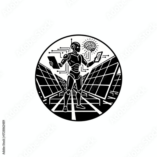 Robot with AI brain and tablet overseeing solar panel farm symbolizing smart energy innovation and future technology integration for sustainable power solutions