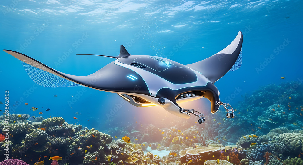 Fototapeta premium Exploring advanced underwater robotics in coral reefs digital art creation vibrant ocean perspective ai studio concept