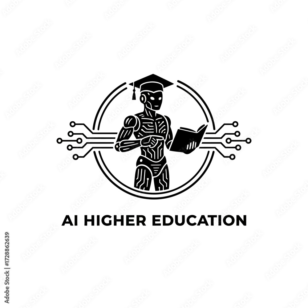 Obraz premium Futuristic robot scholar wearing graduation cap studies ancient book, symbolizing AI's transformative impact on advanced learning and technological progress.