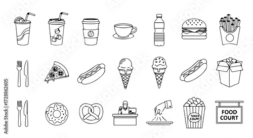 Black and White Line Art A Collection of Food and Drink Icons for Various Designs