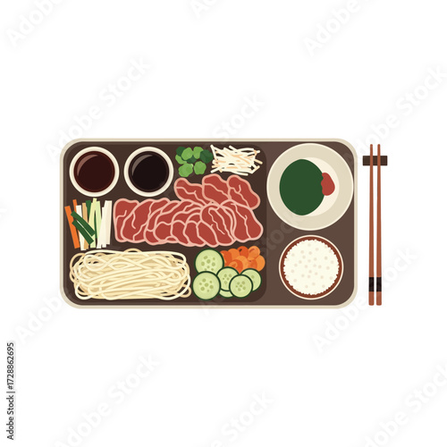 Flat lay top view of delicious korean bbq meal ingredients and chopsticks vector
