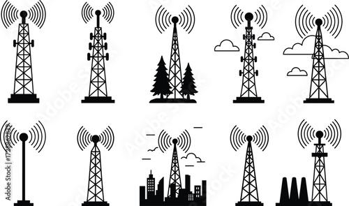 Communication tower, radio antenna, wireless signal, telecom mast, broadcast infrastructure, mobile network, satellite communication, transmission tower, digital technology, cityscape, industrial, clo