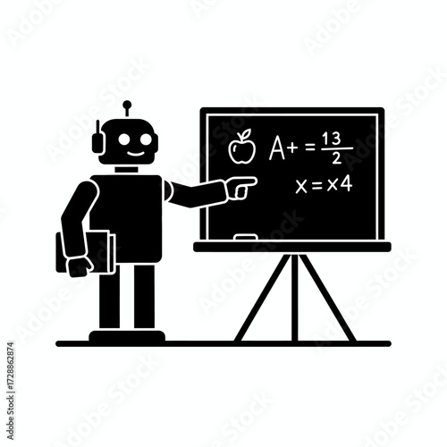Friendly robot teacher explains complex math equations on a blackboard, symbolizing innovative education and future learning with a book in hand.
