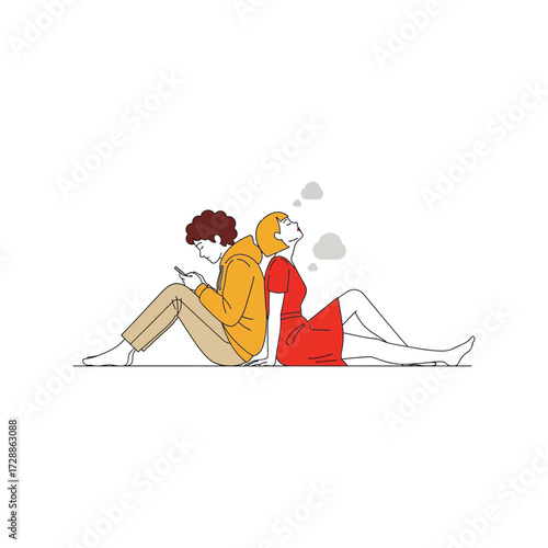 Couple sitting back to back using phones ignoring each other communication issues vector