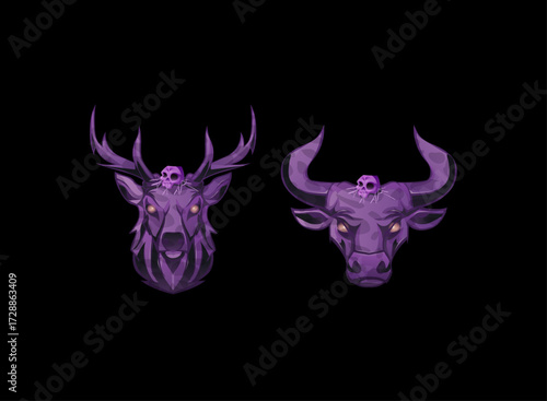 Halloween Animal Emblem. Gothic Fantasy Clan Crest with Skull and Antler Deer, Bull Head Symbol. Dark Rpg Badge, Spooky Horror Mascot Icon. Medieval Game Banner and Creepy Ui Design.
