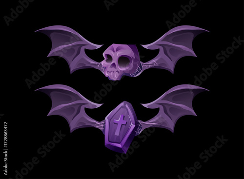 Halloween Bat Wing Skull and Coffin Banner. Gothic Purple Emblem with Spider Web, Fantasy Horror Crest for RPG Game, UI Badge, Clan Symbol, Spooky Decorative Ornament and Medieval Icon.
