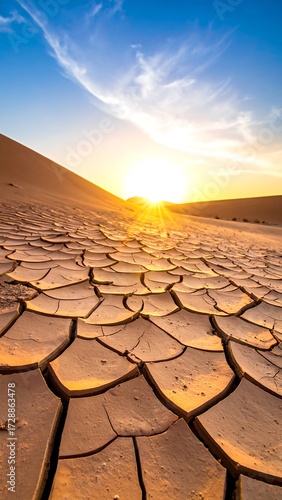 Dried cracked earth at sunset