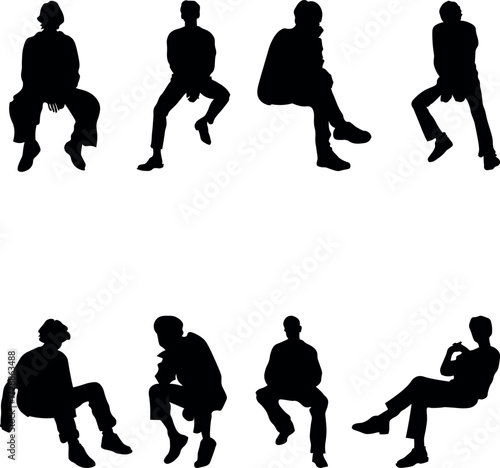 Set of 8 sitting people silhouettes - casual poses and relaxed seating. Perfect for park scenes, waiting areas, lifestyle illustrations.
