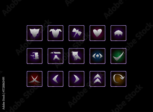 Halloween Gothic RPG UI Icon Pack. Dark Fantasy Button Set with Armor, Weapon, Heart, Check, Arrow, Skill and Menu Symbol. Perfect for Horror Game Interface, Medieval Design and Spooky Overlay.