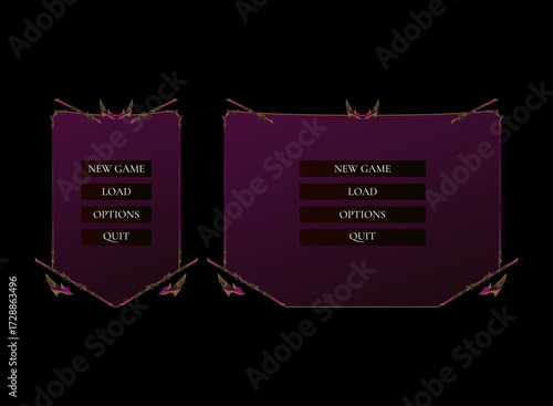 Dark Fantasy RPG Main Menu UI. Gothic Halloween Game Interface with New Game, Load, Options, Quit Button. Purple Mystic Horror Style for Adventure, MMORPG, Dungeon, and Spooky Overlay.