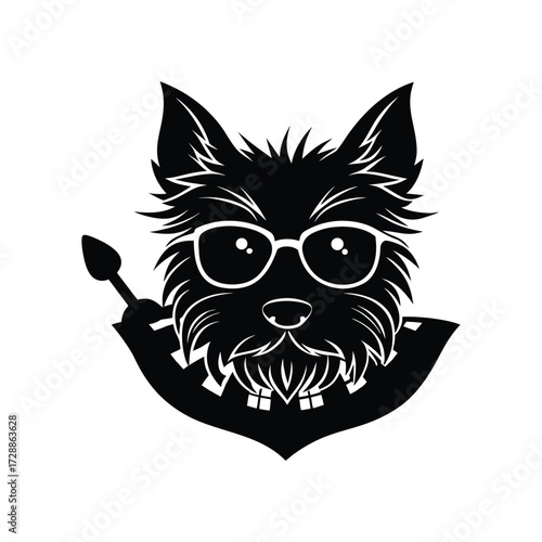 Cairn terrier dog head silhouette with tartan scarf vector art illustration