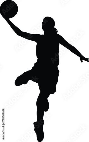 Silhouette of basketball player jumping with ball, slam dunk action, sports illustration, athlete figure, competitive game symbol, vector design for graphic templates