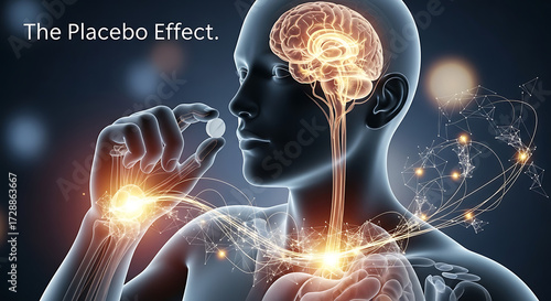 Exploring the placebo effect in human psychology research lab digital art abstract environment close-up view neuropsychological concepts