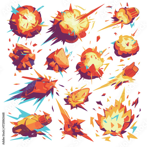 This artwork features vibrant explosion effects in various shapes and sizes, showcasing vivid colors and dynamic energy bursts, suitable for action-themed projects.