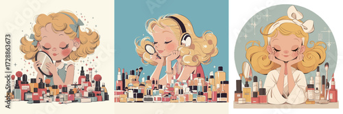 A cheerful young girl is engaged in a beauty routine, surrounded by an array of colorful cosmetics. She appears delighted as she explores different makeup products.