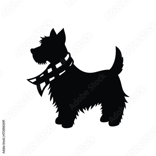 Cairn terrier silhouette with red tartan neckerchief vector art illustration