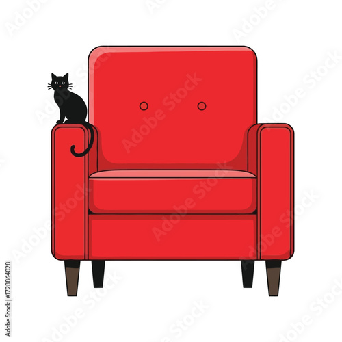 Cozy red armchair with a black cat silhouette sitting on armrest vector