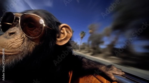 Chimpanzee in sunglasses driving