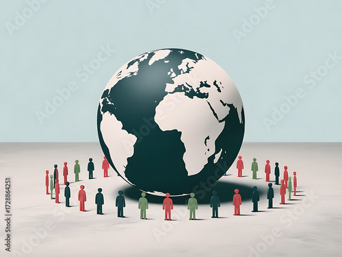 A world globe surrounded by people figurines
