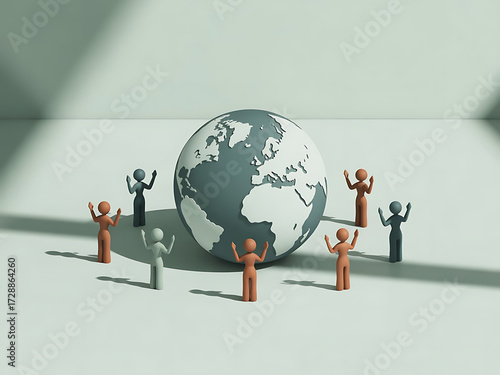 A world globe surrounded by people figurines