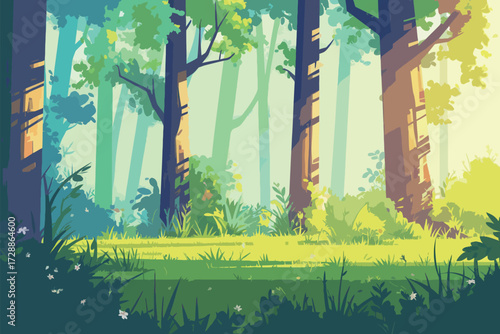 Sunlight filters through tall trees in a serene forest clearing filled with lush greenery. Wildflowers and grass add color to the peaceful atmosphere.