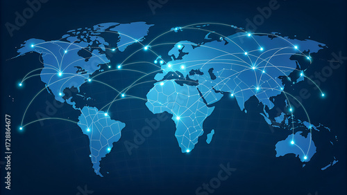 Global network connections across world map for technology and communication illustration